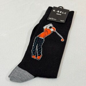 K. Bell Mens Socks Golf Themed Novelty Black Orange Shoe Size 6 1/2-12 10-13